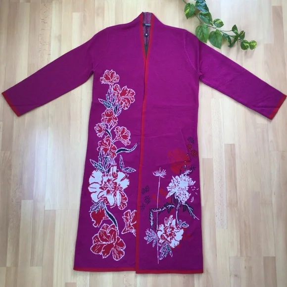 Badgley Mischka Cherry Blossom Jacquard Cardigan Sweater Coat Duster Floral